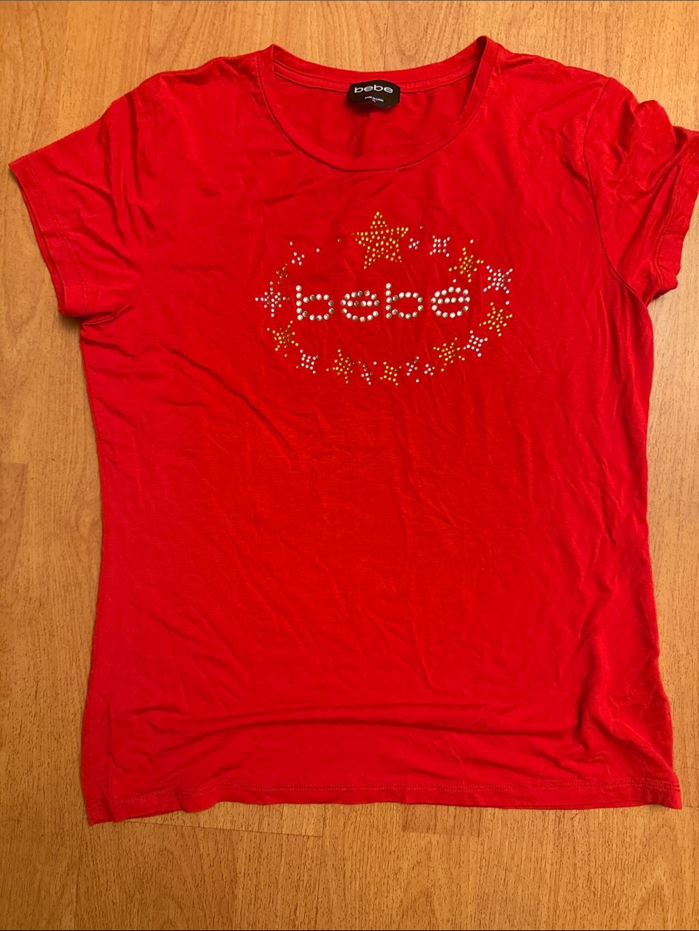 bebe Red Rhinestone Star Logo Tee size XL